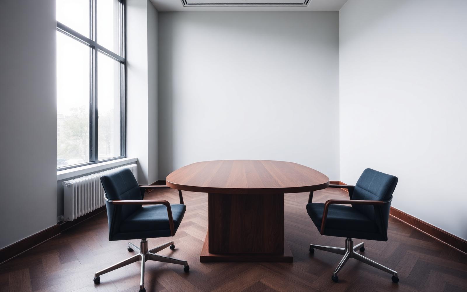 Law firm consultation room with a walnut table and daylight through a tall window